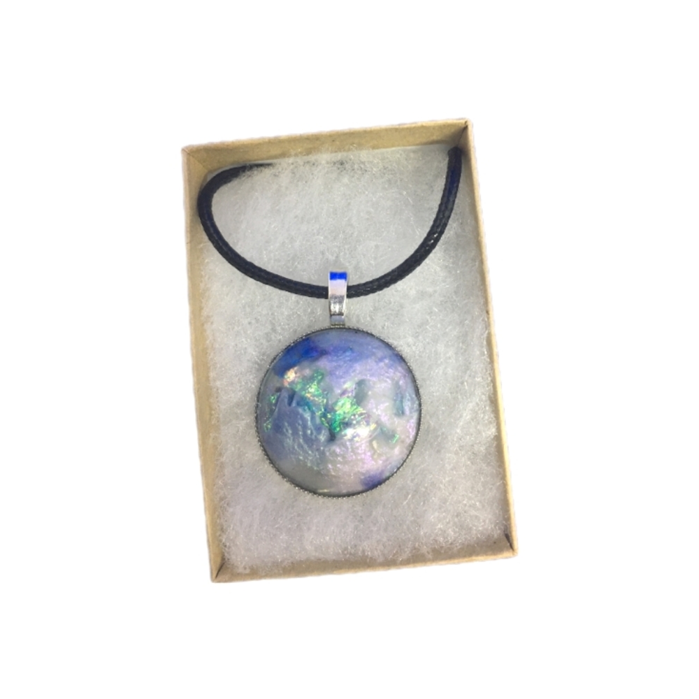 Handcrafted one of a kind, opal- inspired pendant, silver bail, leather cord